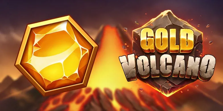 Símbolo dorado de Volcano Gold junto al volcán en erupción